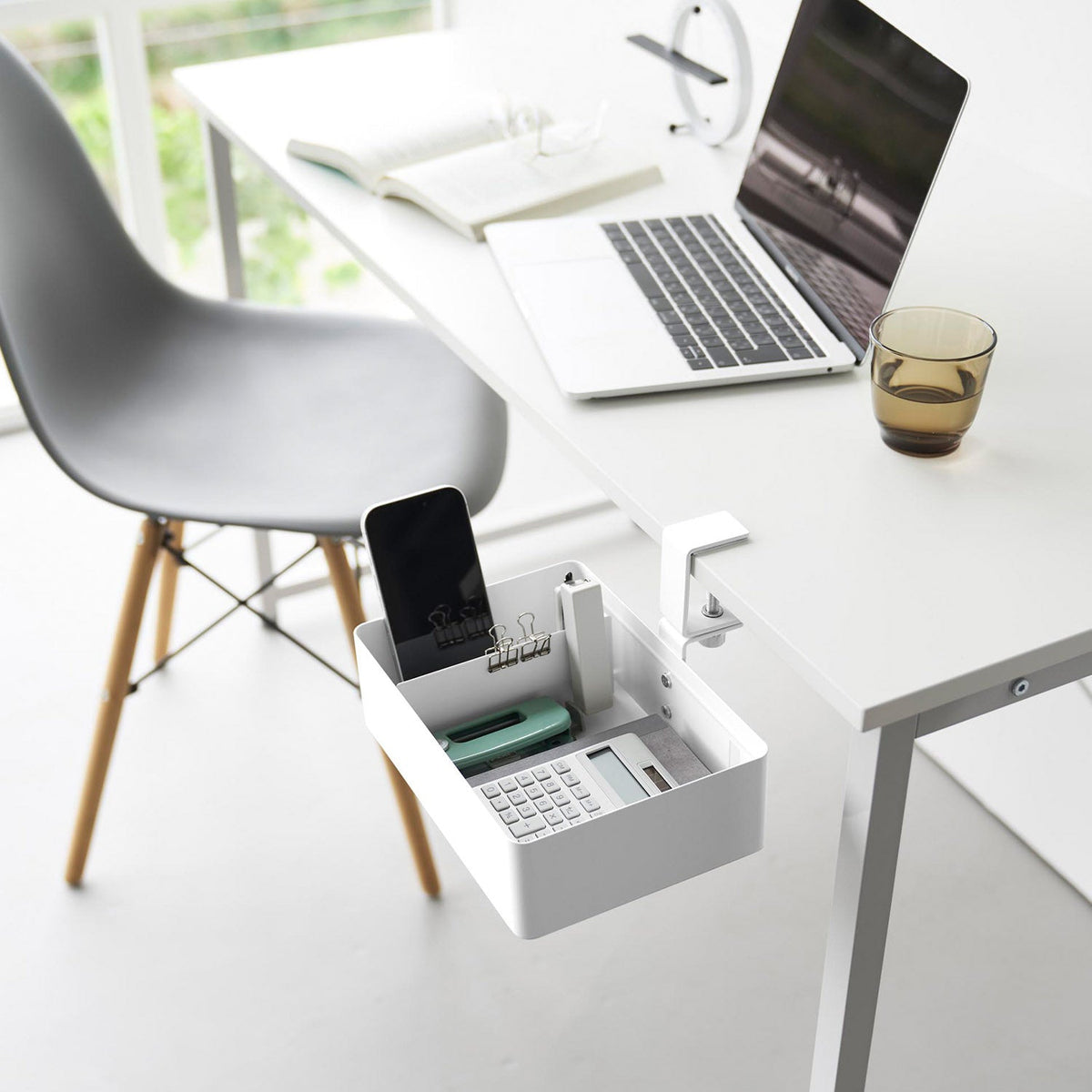 Yamazaki Tower Rotating Table-Side Rack with Dividers, Clamp-On Rack that Swings 360 Degrees Out From a Table or Under the Top, with Dividers, Lower rack 24.2 x 21 x 15.6 cm; upper rack 24.2 x 21 x 16.2 cm and 1150 g, White or Black