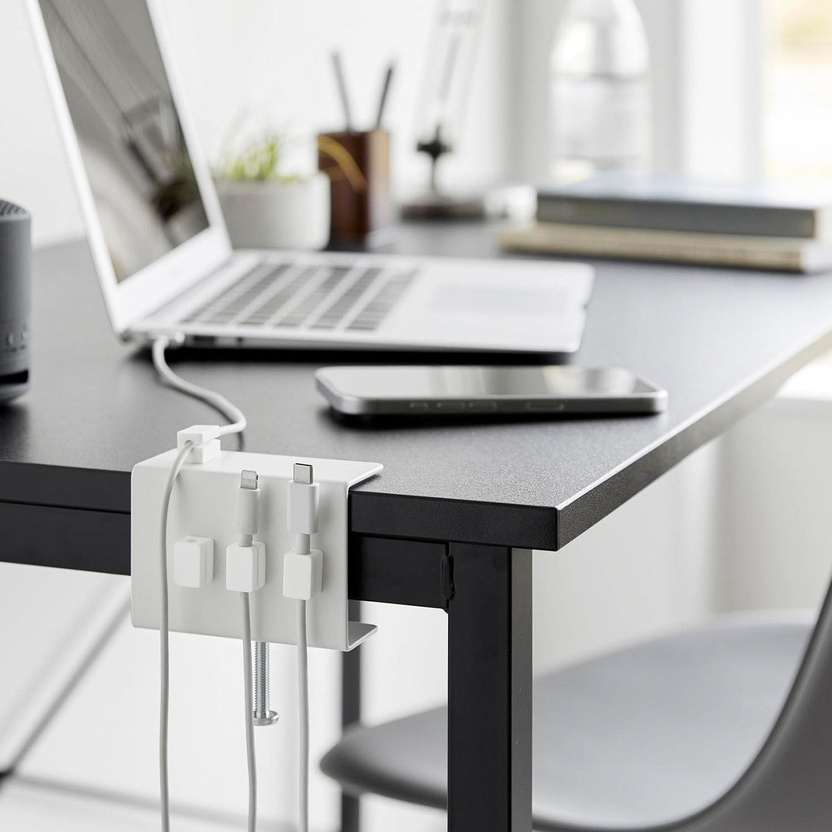 Yamazaki Tower Desk-Side Cable Holder, Clamp-On Holder for a Desk Edge with Four Magnetic Cable Clips, Fits Desktops 1.2 to 5.5 cm Thick, Hex Key Included, 9 x 4.5 x 7.3 to 12.2 cm and 260 g, White or Black