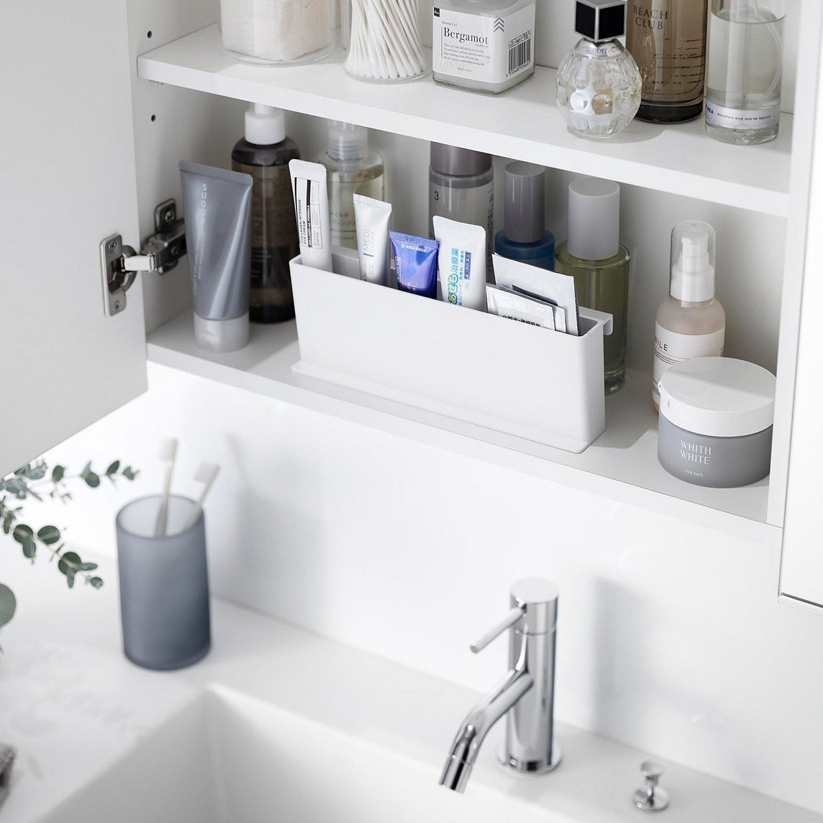 Yamazaki Tower Mini Tube Stand, Slim Stand for Tubes and Brushes that Hooks onto a Shelf Edge up to 8 mm Thick or Stands Flat with Bottles on Top, Upright 22 x 4.3 x 8 cm; flat 22 x 8 x 4.4 cm and 145 g, White or Black