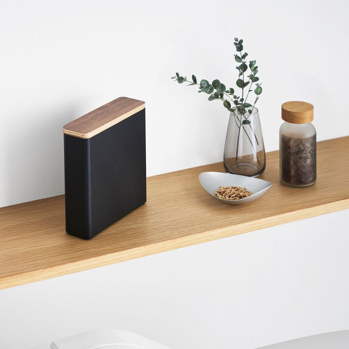 Yamazaki Rin Slim Sanitary Storage Case, Slim Steel Case with a Wood Lid for Slim Sanitary Items and Tampons, 14.7 x 4.7 x 15.6 cm and 586 g, Brown or Natural