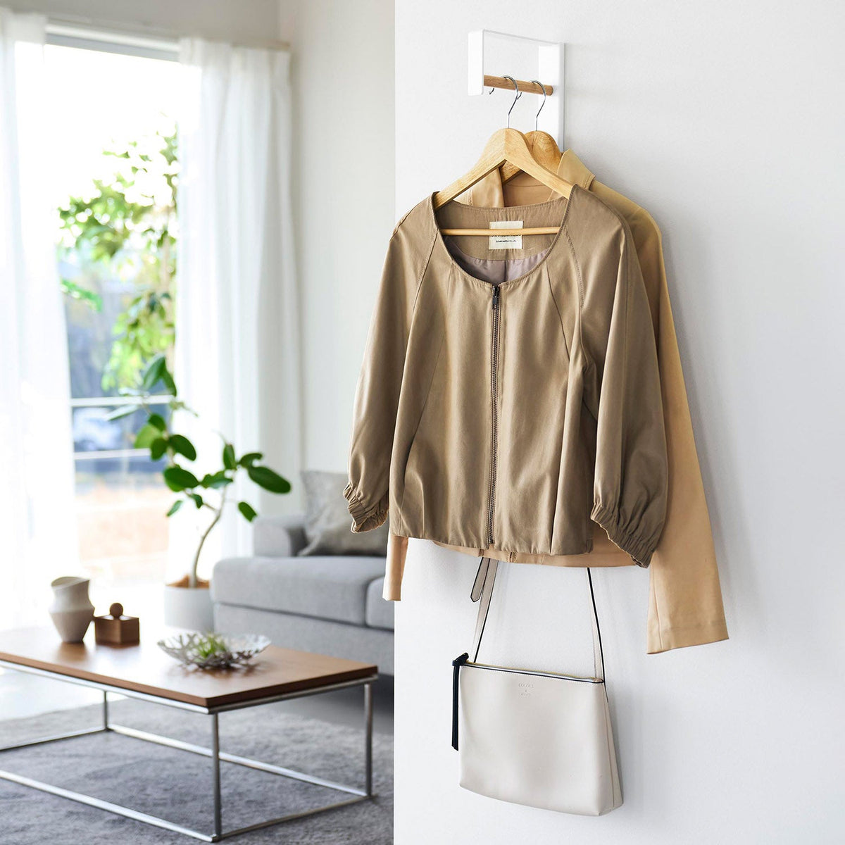 Yamazaki Tower Wall-Mounted Coat Hanger, Wall Bracket with a Wooden Bar for Hanging Coats on Hangers, Pins and Screws Included, 4 x 16.2 x 40.6 cm and 455 g, White or Black