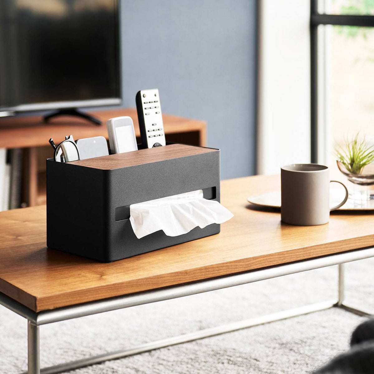 Yamazaki Rin Thick-Tissue Case with Remote Control Stand, Steel Case with a Wood Lid that Holds Thick Tissue and Stands Remote Controls Upright, 26 x 14.2 x 13.5 cm and 1925 g, Brown or Natural