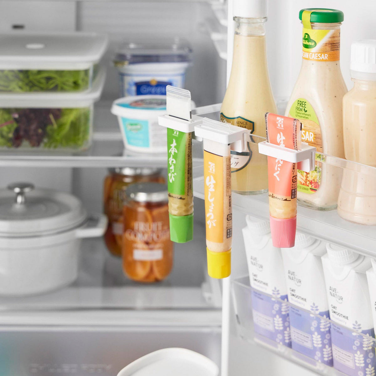 Yamazaki Tower Squeeze-Out Condiment Tube Clip Set of 3, Set of Three Clips that Hang Condiment Tubes on a Fridge Door Pocket and Squeeze Them Out to the Last Drop, 4.5 x 2.6 x 2 cm each and 8 g, White or Black
