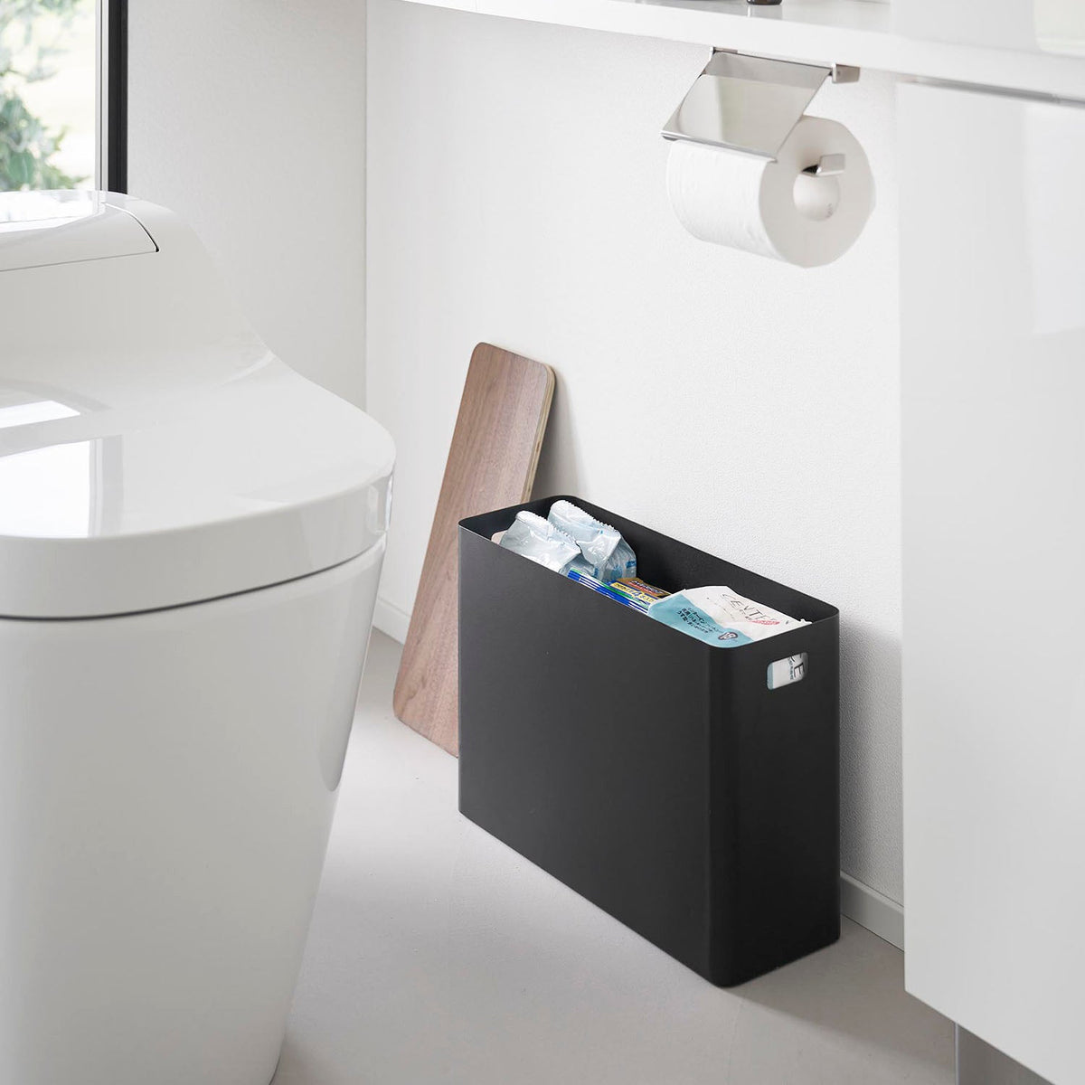 Yamazaki Rin Lidded Toilet Supplies Storage Box, Slim Steel Box with a Natural Wood Lid for Toilet Supplies, Holds Six Rolls, 36.2 x 13.2 x 26 cm and 1950 g, Brown or Natural
