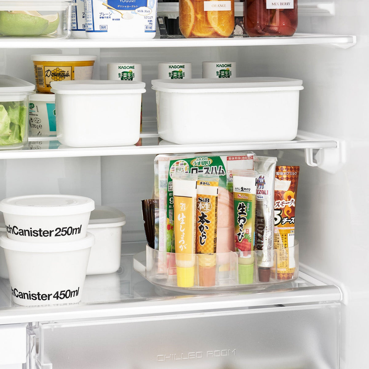 Yamazaki Tower Fridge Rotating Tray with Dividers, Square, Square Tray With Dividers That Turns 360 Degrees on a Fridge Shelf and Stands Small Tubes and Packs Upright, Non-Slip Base, 20 x 20 x 8.3 cm and 335 g, White or Black