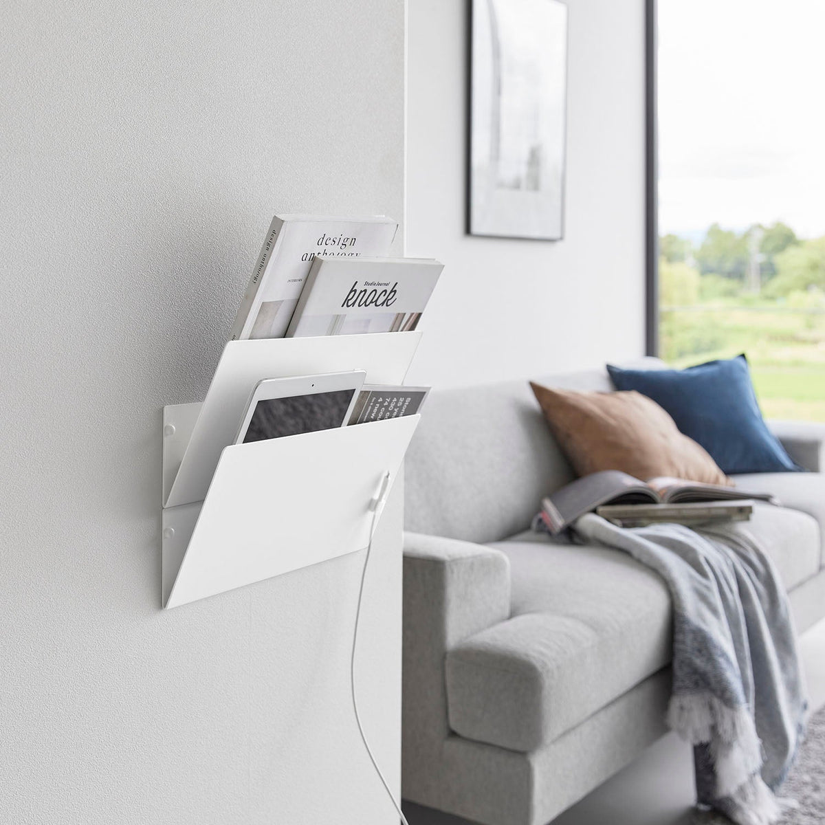 Yamazaki Tower Wall-Mounted Linking Print Storage Racks, Set of 2, Two Wall Pocket Racks for Papers and Magazines that Link Side by Side or Stacked, Pins Included, 32 x 8 x 16.2 cm each and 1520 g, White or Black