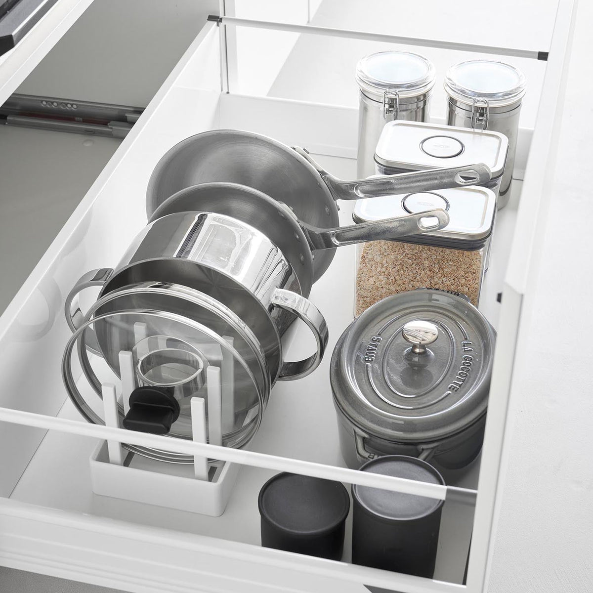 Yamazaki Tower Adjustable Pot Lid and Frying Pan Stand for Under the Sink, 40 cm, Wide Peg Stand that Stands Pot Lids and Frying Pans Upright, with Twelve Movable Bars, 40 x 14.1 x 14 cm and 520 g, White or Black