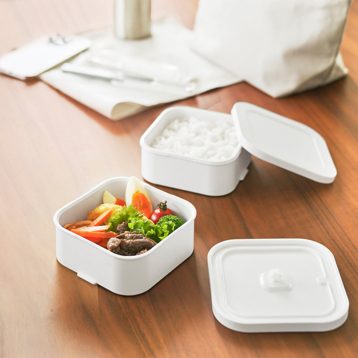 Yamazaki Tower Frozen Rice Container and Side Dish Box Set, Two-Tier Lunch Set with a 150 g Freezer Rice Container and Draining Colander plus a Sealed Side Box, Microwave Safe, 12.2 x 12.2 x 8.8 cm (two tiers) and 285 g, White or Black