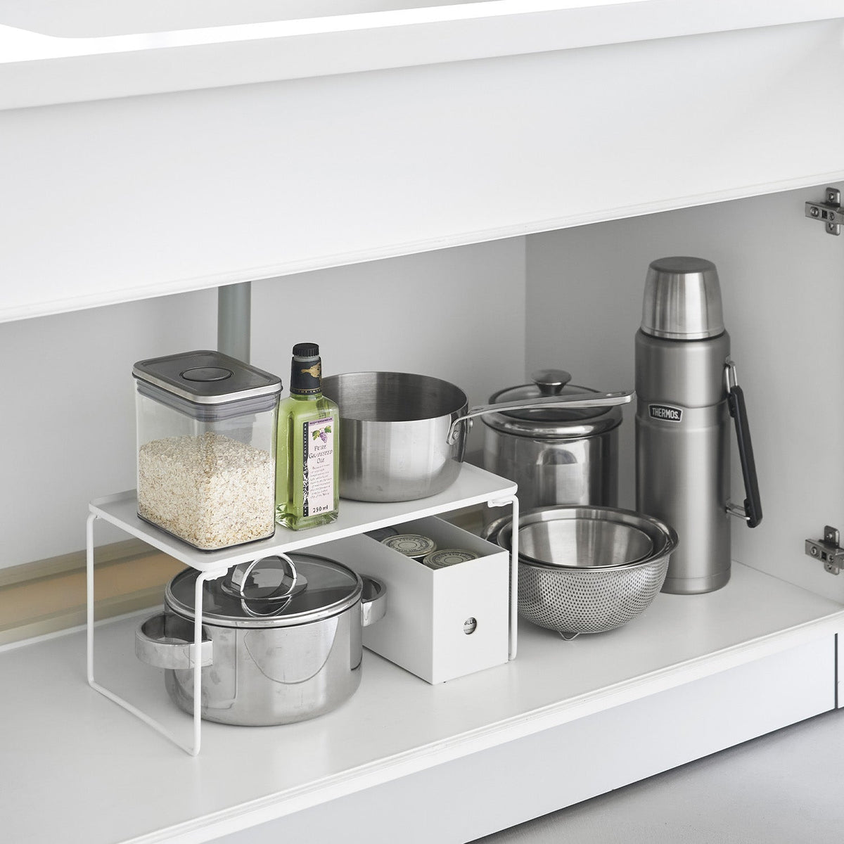 Yamazaki Tower Folding Stackable Shelf, Medium, Medium Steel Shelf for Under the Sink that Folds Flat and Stacks, Holds 4 kg, In use 40.9 x 24 x 19 cm; folded 40 x 24 x 4.2 cm and 1300 g, White or Black