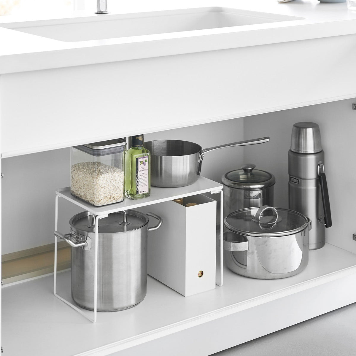 Yamazaki Tower Folding Stackable Shelf, Large, Large Steel Shelf for Under the Sink that Folds Flat and Stacks, Holds 4 kg, In use 40.9 x 24 x 28 cm; folded 40 x 24 x 4.2 cm and 1400 g, White or Black