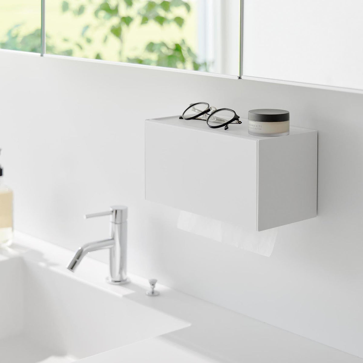 Yamazaki Tower Film-Hook Paper Towel Dispenser, Wall-Stuck Dispenser for Paper Towels or Tissue with a Wide Lid and a Tray on Top, 26 x 13.6 x 13.6 cm; 26.3 cm high with the lid open and 625 g, White or Black