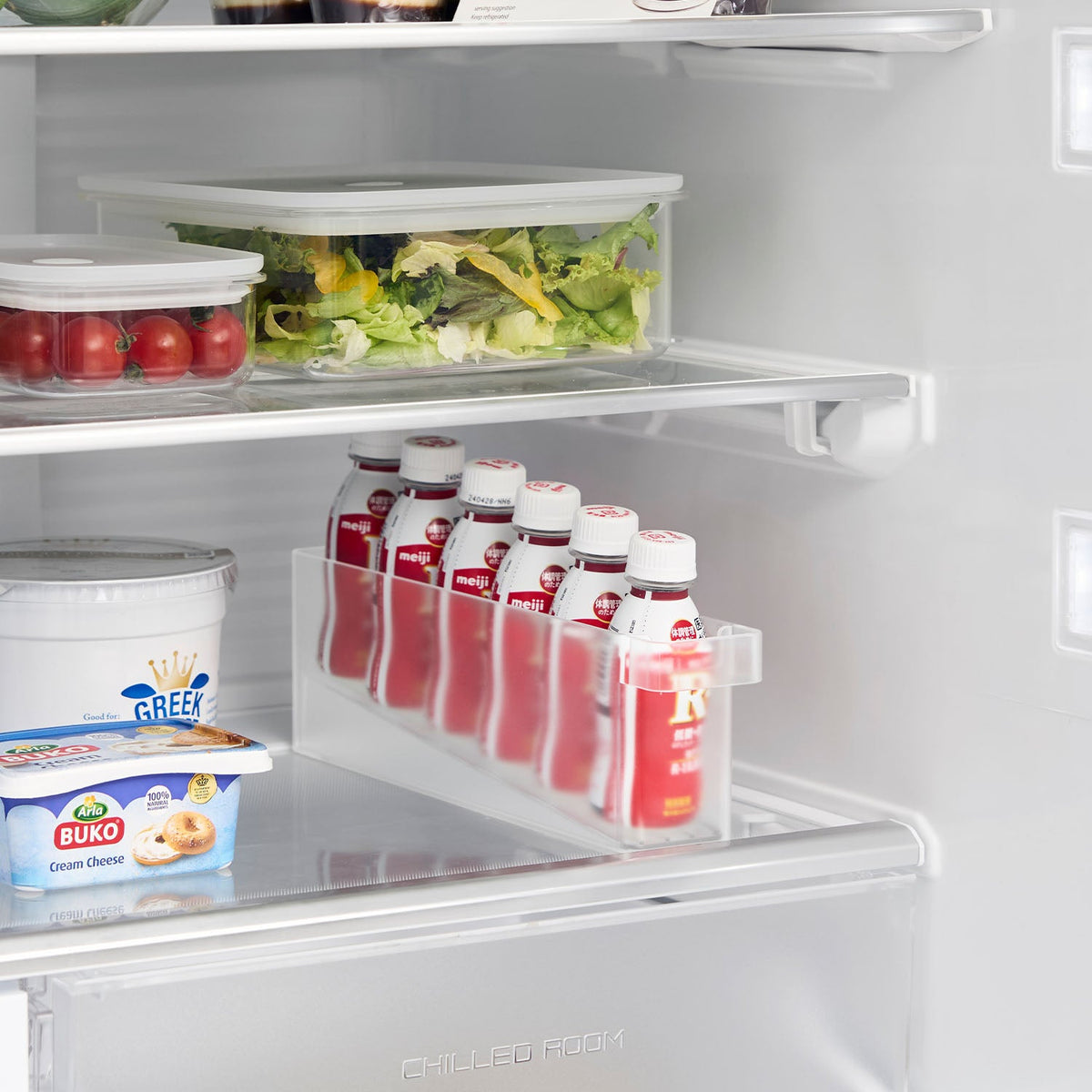 Yamazaki Tower Fridge Mini Drink Case, Slim Fridge Case That Stands Six Mini Drinks in a Single Row, Tilted Tray Slides the Next One Forward, Remove It for a Low Shelf, 5.5 x 31.2 x 9.2 cm and 245 g, White or Black