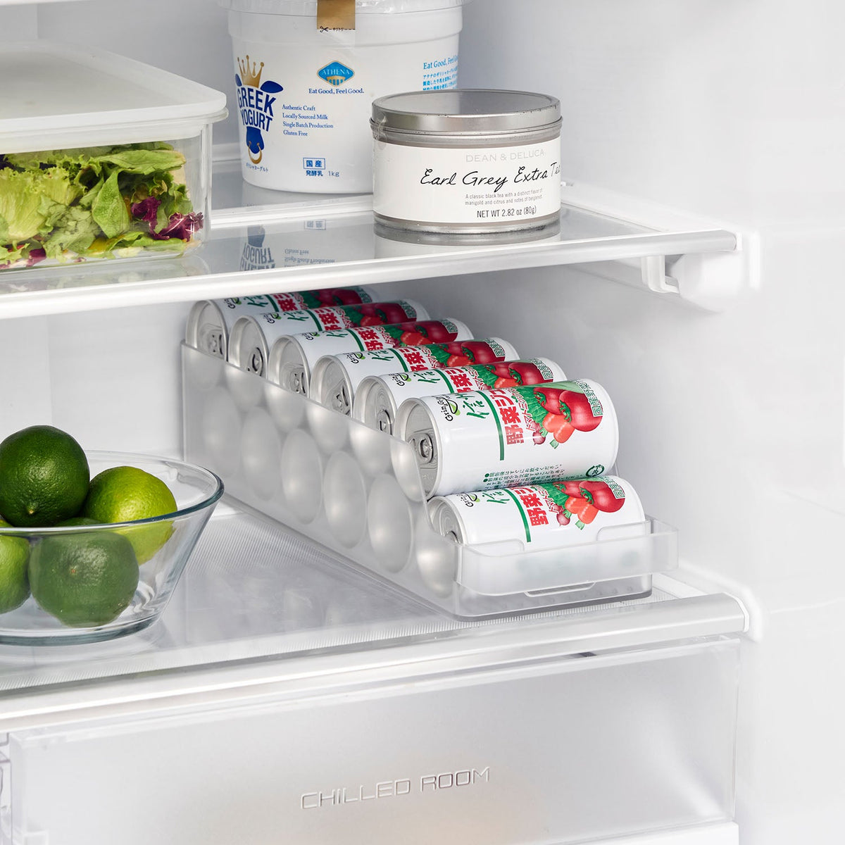 Yamazaki Tower Fridge Can Stocker S, Fridge Tray That Stores Mini and Slim Cans Upright or Laid Flat, Sloped Floor Rolls the Next Can Forward, Fits Cans up to 10.6 cm Long, 37.5 x 11.3 x 8.2 cm and 355 g, White or Black