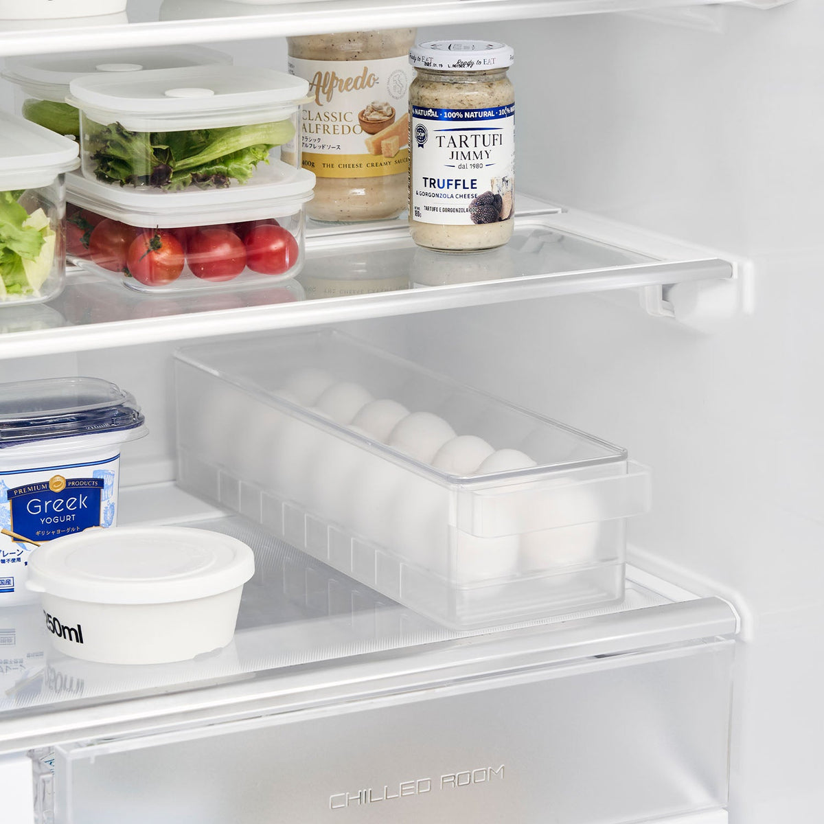 Yamazaki Tower Fridge Egg Case with Lid, 14 Eggs, Lidded Fridge Case for 14 Eggs with a Clear Slide-Open Lid that Shows What Is Left, Uses the Back of the Fridge, Protects from Cracks and Odours, 37.5 x 11 x 8.6 cm and 530 g, White or Black