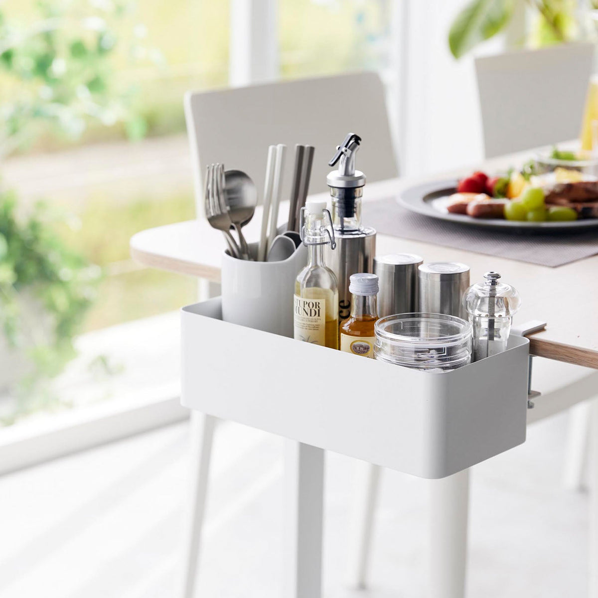 Yamazaki Tower Side-of-Table Basket, Long Steel Basket That Clamps to the Side of a Table With One Screw and Gathers Small Items Off the Surface, Frees Up the Desk, Holds 5 kg, 30 x 18 x 9.5 cm and 1020 g, White or Black