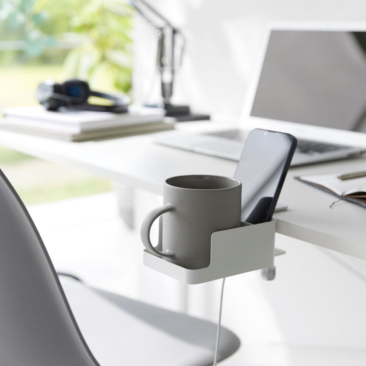 Yamazaki Tower Side-of-Table Smartphone and Cup Holder, Side-of-Table Holder That Clamps On With One Screw and Holds a Cup and a Charging Phone, Fits Tops 1.2 to 4 cm Thick, Holds 1.5 kg, 9 x 16.5 x 8.2 cm and 380 g, White or Black