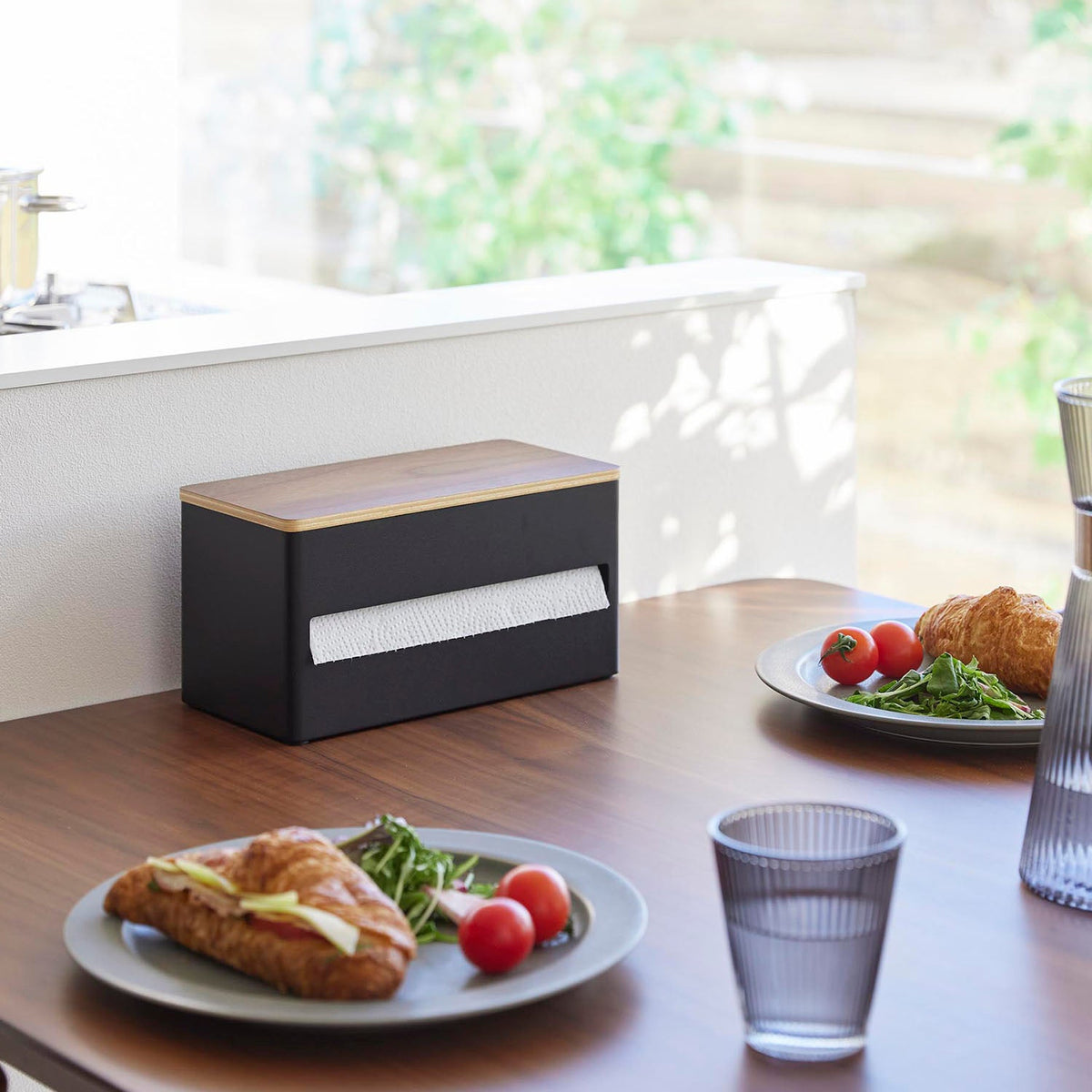 Yamazaki Rin One-Hand Cut Hidden Kitchen Paper Holder S, Paper Holder With a Wood Lid That Hides the Roll and Cuts With One Hand, Heavy Steel Stays Put, Rolls Up to 11 cm Across, 26.2 x 12.7 x 13.5 cm and 1450 g, Brown or Natural