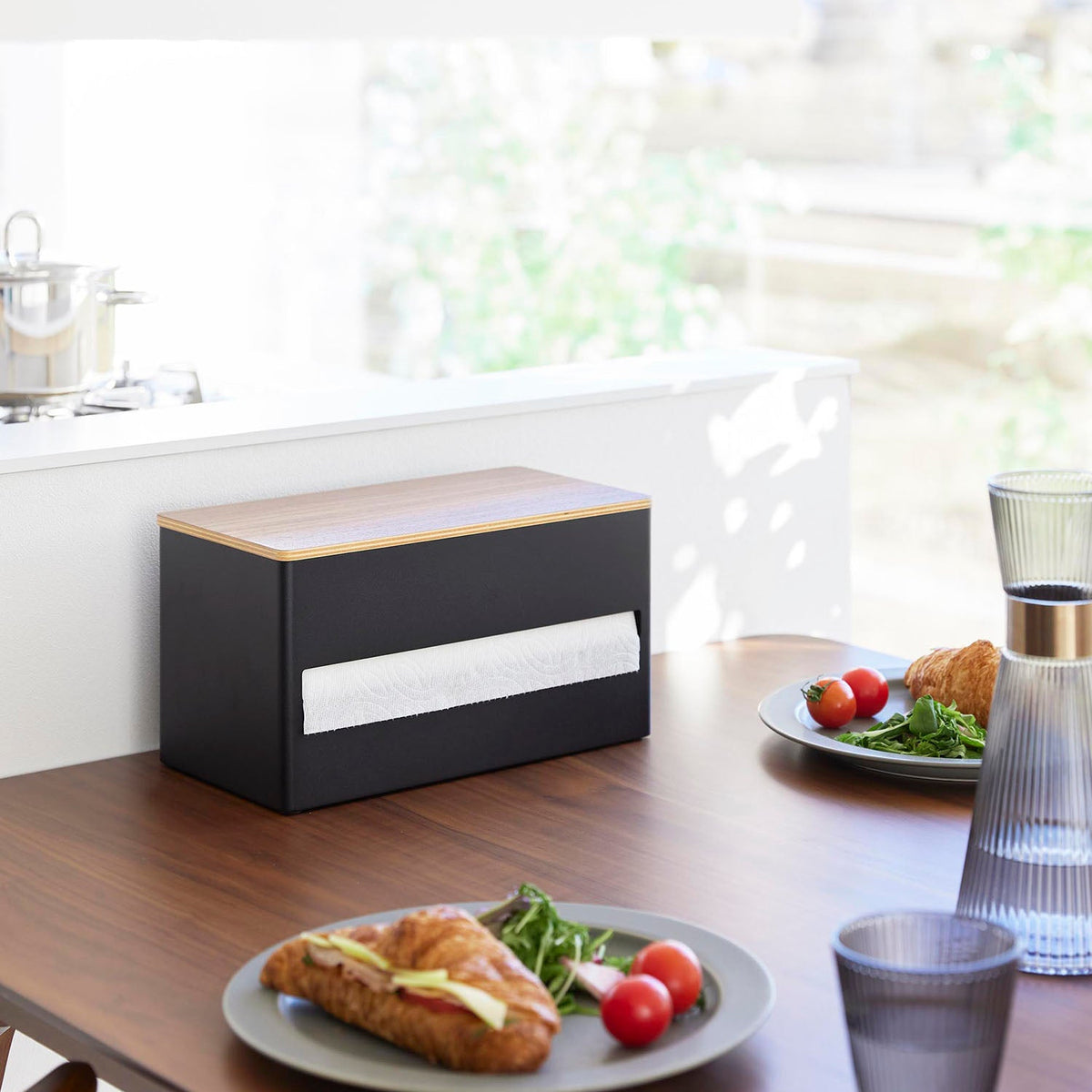 Yamazaki Rin One-Hand Cut Hidden Kitchen Paper Holder L, Paper Holder With a Wood Lid That Hides the Roll and Cuts With One Hand, Heavy Steel Stays Put, Rolls Up to 15 cm Across, 31.2 x 16.2 x 17 cm and 2200 g, Brown or Natural
