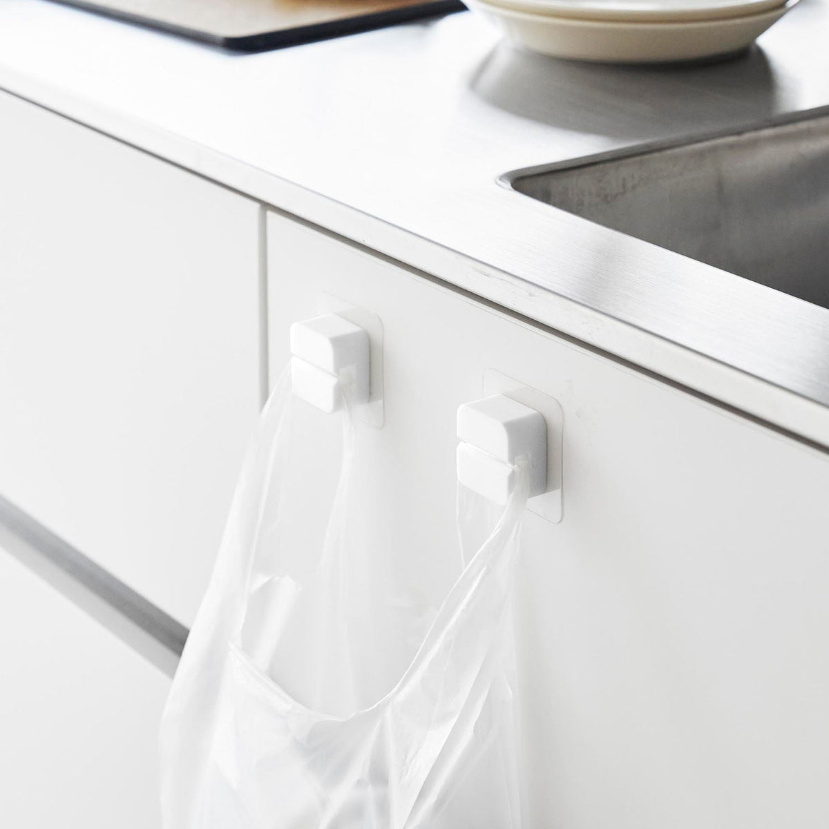 Yamazaki Tower Film-Hook Kitchen Multi Hook Set of 2, Pair of Soft Silicone Hooks That Stick to Glossy Kitchen Walls by Film Hook and Work Alone or Together, Hang Ladles and Cloths, Holds 750 g Each, 4.5 x 1.8 x 4.5 cm each and 34 g, White or Black