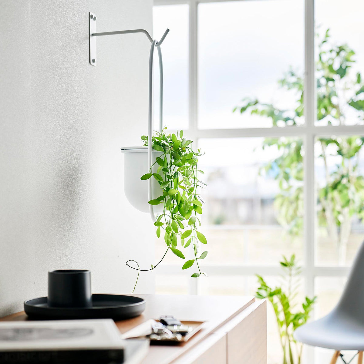Yamazaki Tower Wall Hanging Green Hook for Plasterboard Walls, Wall Hook That Hangs a Plant Out of Reach of Children and Pets, Fixed With Plasterboard Pins, Holds 2 kg, 4 x 18.5 x 12 cm and 140 g, White or Black