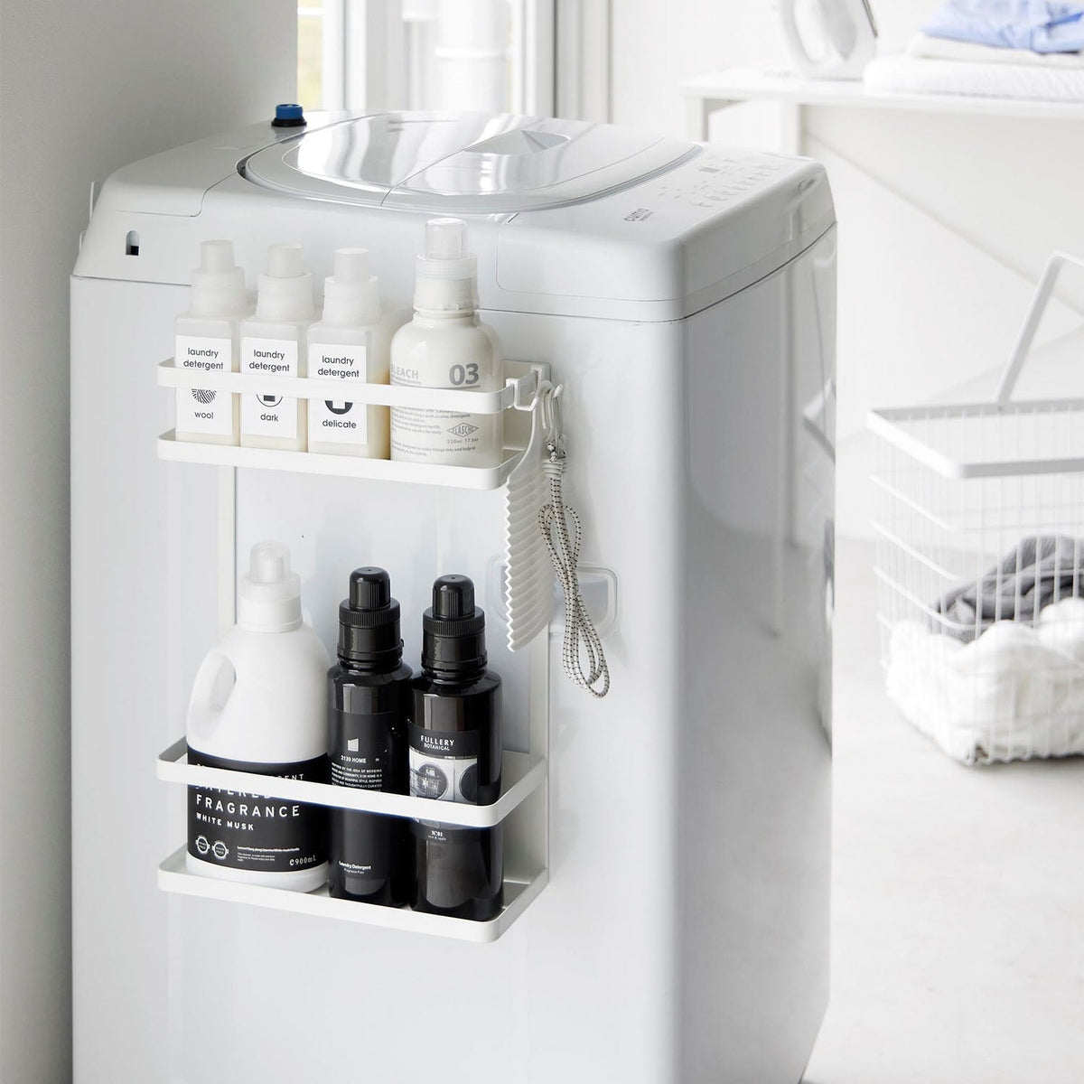 Yamazaki Tower Magnetic Two-Tier Rack for Beside a Washing Machine, Magnetic Two-Tier Rack that Sticks to the Side of a Washing Machine for Detergent Refills, 28 x 11.5 x 40 cm and 1600 g, White or Black