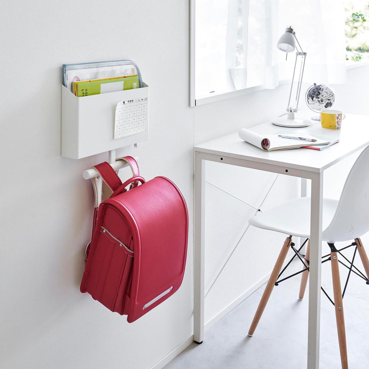 Yamazaki Tower Wall File Box and Bag Hanger, Wall Unit That Combines a File Box and a School Bag Hanger and Floats Study Goods and a Backpack Off the Floor, Hanger Holds 5 kg, 32 x 6.3 x 27.4 cm and 2000 g, White or Black