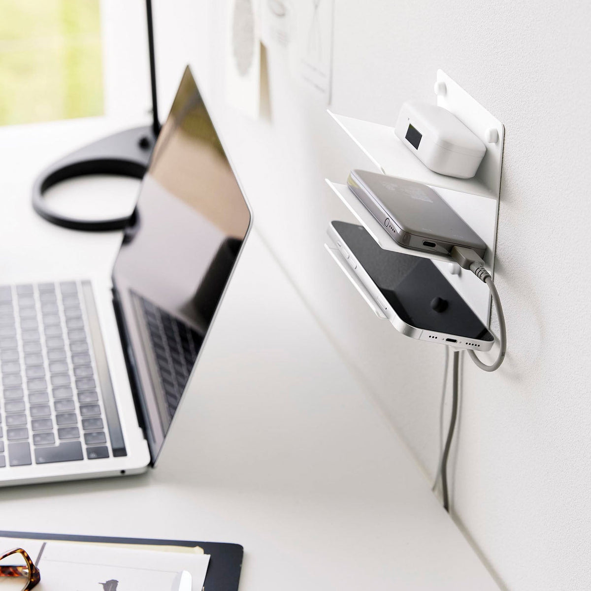 Yamazaki Tower Wall Mobile Storage Rack 3 Tiers, Three-Tier Wall Rack That Stores a Phone, Earphones and a Power Bank With Cables Still Connected, 500 g Per Tray, 10 x 7.8 x 16.8 cm and 390 g, White or Black