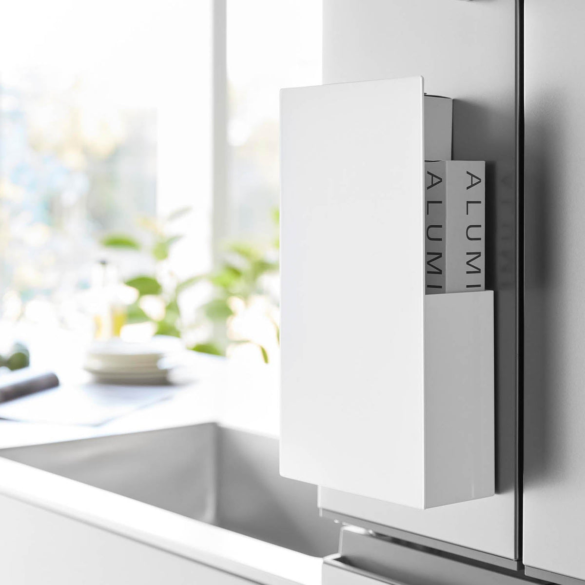 Yamazaki Tower Hidden Magnetic Wrap Holder, Holder With Cover That Sticks to a Refrigerator Side or Steel Kitchen Panel by Strong Magnet, Holds 1.5 kg, 17.8 x 8.3 x 33.5 cm and 1200 g, White or Black