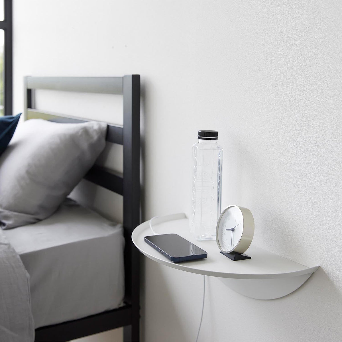 Yamazaki Tower Wall Side Table for Plasterboard Walls, Wall-Mounted Side Table Fixed With Plasterboard Pins That Leave Hard-to-See Holes for an Alarm Clock, Phone and Remote, Slots Onto the Bases, Holds 2 kg, 40 x 22 x 11.7 cm and 1150 g, White or Black