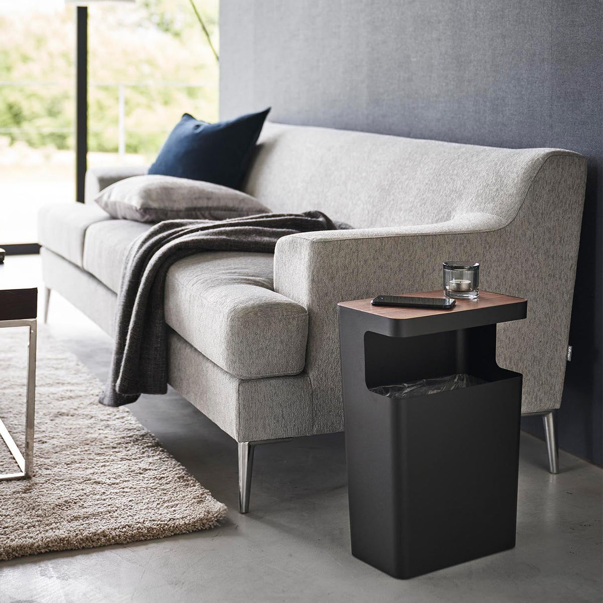 Yamazaki Rin Square Trash Can with Top, 10 L Square Trash Can With a Natural Wood Top Board That Hides the Inside and Holds Small Items, Wood and Steel Look, Holds 1 kg on Top, 31 x 17 x 42.5 cm and 2500 g, Brown or Natural