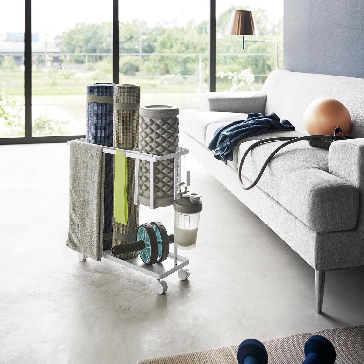 Yamazaki Tower Fitness Goods Storage Rack on Casters, Rack on Casters That Stores Fitness Goods Including a Long Stretch Pole and a Yoga Mat Together and Rolls Into a Closet Gap, Holds 7.5 kg, 50.3 x 18.5 x 45.5 cm and 2300 g, White or Black