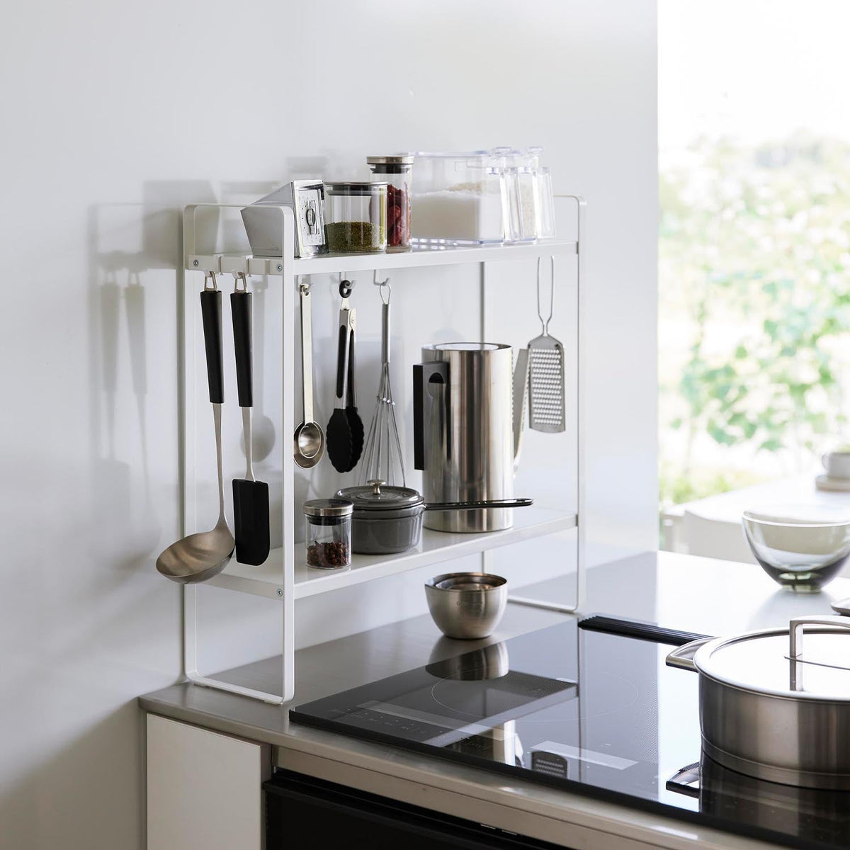 Yamazaki Tower Stove-Side 2-Tier Rack, Slim 14 cm Two-Tier Rack for Beside the Stove That Holds Seasonings and Utensils and Leaves a 10 cm Gap to Wipe Under, Holds 5 kg, 50 x 14 x 48.5 cm and 2100 g, White or Black