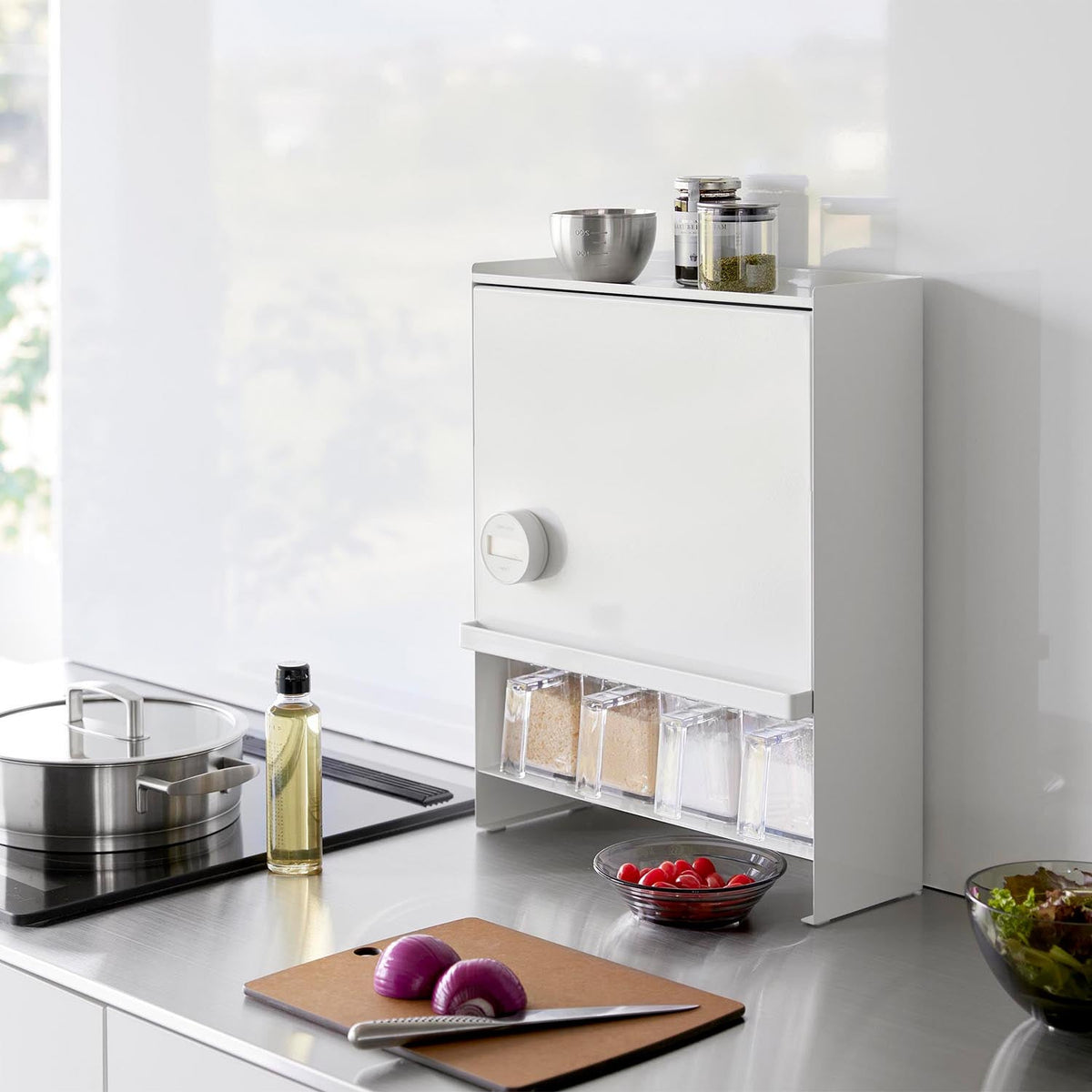 Yamazaki Tower Hidden Spice Rack with Front Door, Tall Rack With a Front Door That Hides Seasoning Bottles and Spices, Door Locks Open, Magnetic Spice Shelf Adds Another Level, Holds 3 kg Per Compartment, 38 x 16.3 x 49.2 cm and 6050 g, White or Black