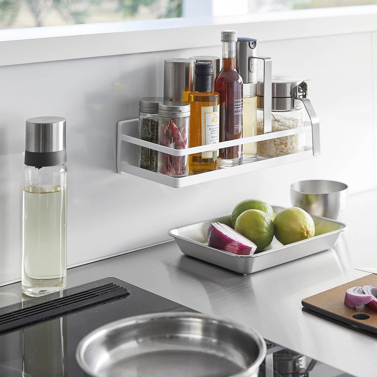 Yamazaki Tower Film-Hook Spice Rack Wide, Wide Deep Spice Rack on Two Film Hooks That Sticks to a Kitchen Panel or Refrigerator Door and Takes Three Seasoning Stockers, Holds 2 kg, 28 x 12.5 x 7 cm and 570 g, White or Black