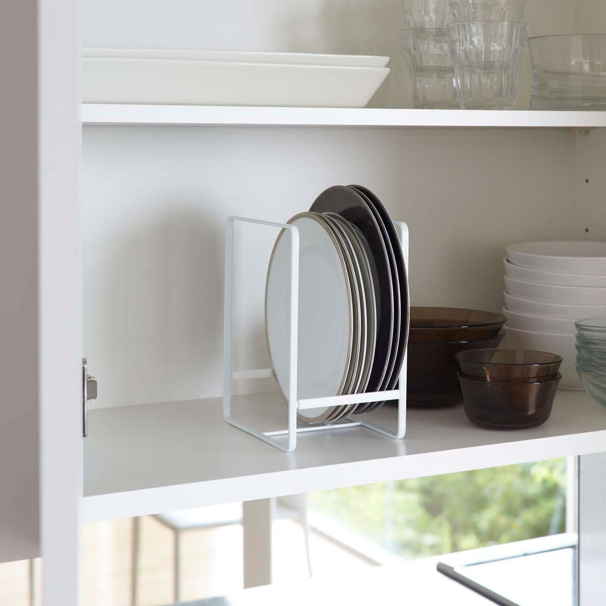 Yamazaki Tower Dish Rack L, Small Rack That Stands Plates 20 to 24 cm on Edge So They Slide In and Out Easily, Silicone Stoppers Stop Sliding, Use Several to Sort by Size, 11.5 x 16 x 20 cm and 275 g, White or Black