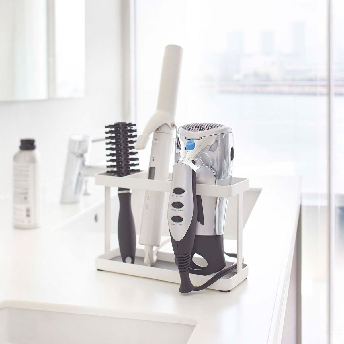 Yamazaki Tower Hair Dryer and Hair Iron Stand, Stand That Holds a Hair Dryer and Hair Irons Together, Hangs on a Washroom Door With the Included Hooks, Cord Hooks Tidy the Cords, Holds 3 kg, 22 x 8 x 14 cm and 650 g, White or Black