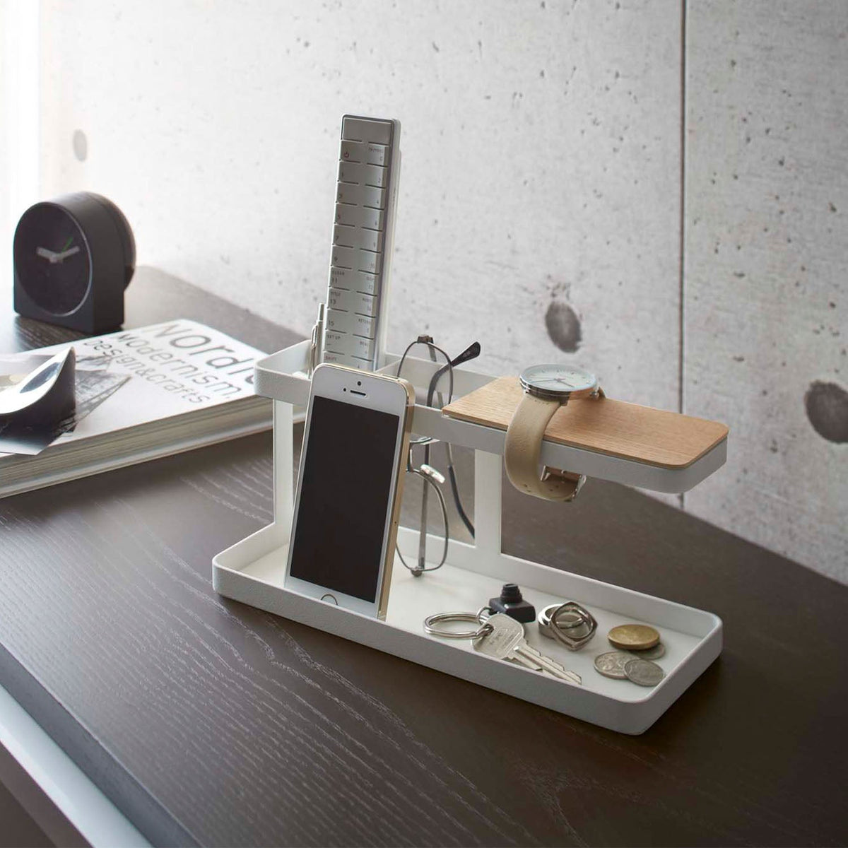 Yamazaki Tower Desk Bar, Desk Stand With a Bar for Watches and Bracelets and a Wooden Top for Keys and Small Items, Also Handy as a Living Room Remote Rack, 24.5 cm Wide, 24.5 x 9.7 x 11.3 cm and 620 g, White or Black