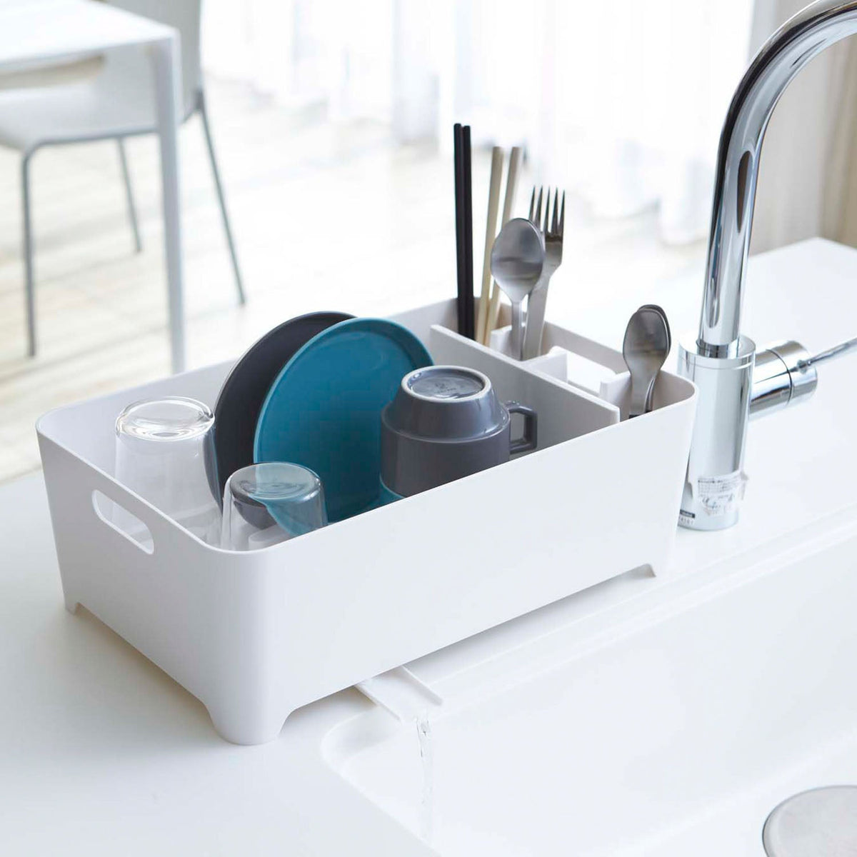 Yamazaki Tower Drainer Basket, Multi-Function Drainer Basket That Lets Water Run Into the Sink, Stands Plates Securely and Has Dividers for Cutlery and Tools, 4.5 L, Holds 5 kg, 38 x 24 x 13 cm and 840 g, White or Black