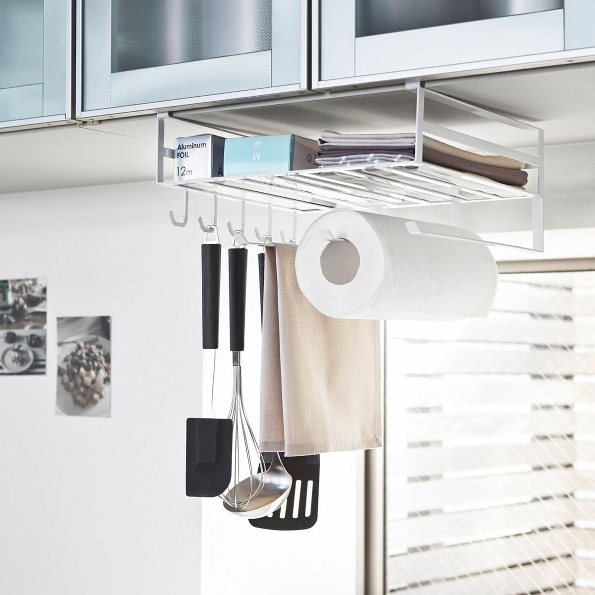 Yamazaki Tower Under-Cabinet Multi-Function Rack, Rack That Hooks Onto a Hanging Cabinet and Gathers Wrap, Trays, Cloths and Kitchen Paper With Three Hangers and Five Hooks, Cabinet Shelf 1.4 to 2.5 cm Thick, 30.5 x 26 x 16 cm and 1100 g, White or Black