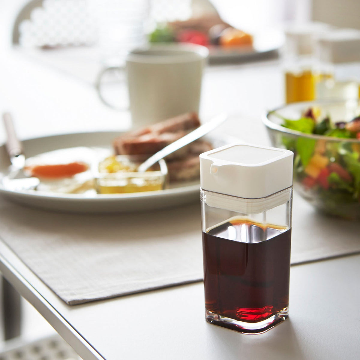 Yamazaki Tower Push Soy Sauce Bottle, 80 mL Soy Sauce Bottle You Press to Pour a Little at a Time, Spills Little if Tipped Over, Acrylic Bottle With Silicone Push Part, 4.2 x 5.2 x 9.5 cm and 65 g, White or Black