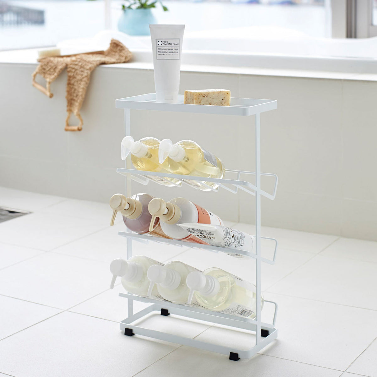 Yamazaki Tower Bath Bottle Rack, Slim Rack That Stores Nine Bath Dispenser Bottles on Sloped Shelves So They Come Out Easily and Do Not Go Slimy, Two Hooks Included, Holds 3 kg Per Shelf, 28 x 13 x 44 cm and 1700 g, White or Black