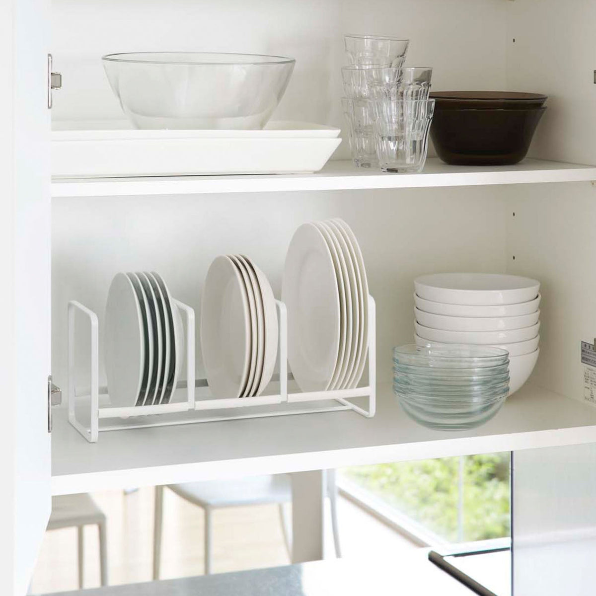 Yamazaki Tower Dish Rack Wide S, Wide Rack That Stands Plates of 15 to 20 cm on Edge in a Cupboard So They Do Not Touch, Silicone Stoppers Stop Sliding, Holds 9 kg, 33 x 12.5 x 14 cm and 480 g, White or Black