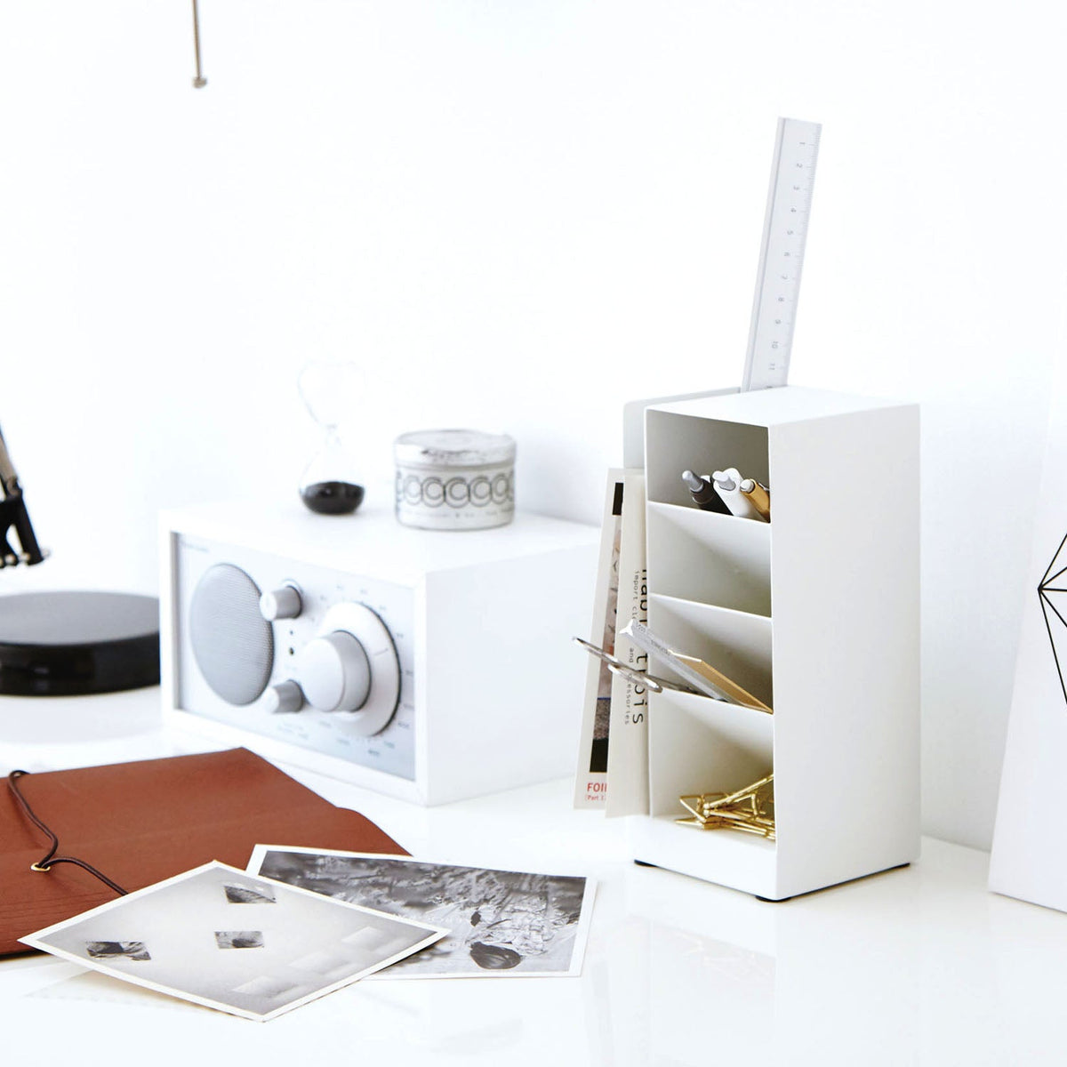 Yamazaki Tower Pen Stand, Heavy Steel Pen Stand With Slanted Dividers That Hold Pens, Mail and a Long Ruler, Stands Upright or Lies on Its Side, Cushions Included, 9 x 9 x 20 cm and 750 g, White or Black