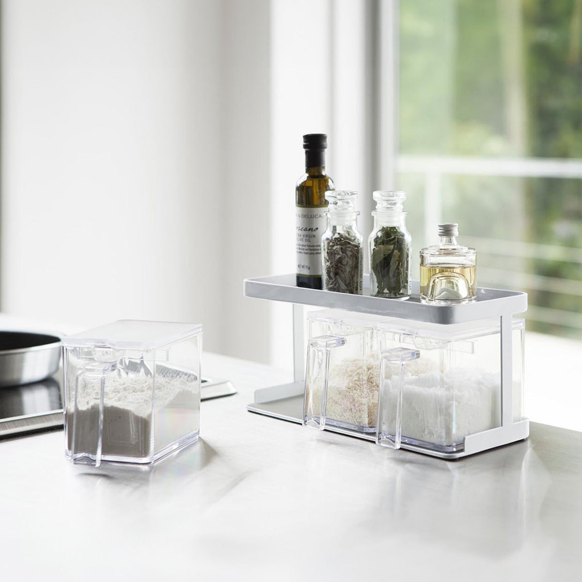 Yamazaki Tower Seasoning Stocker and Rack Set of 3, Set of 3 Seasoning Stockers With a Two-Tier Rack That Keeps Everyday Seasonings Within Reach, Guarded Upper Tier, Washable Mats, 650 mL Each, 27.5 x 11.5 x 13.5 cm and 1000 g, White