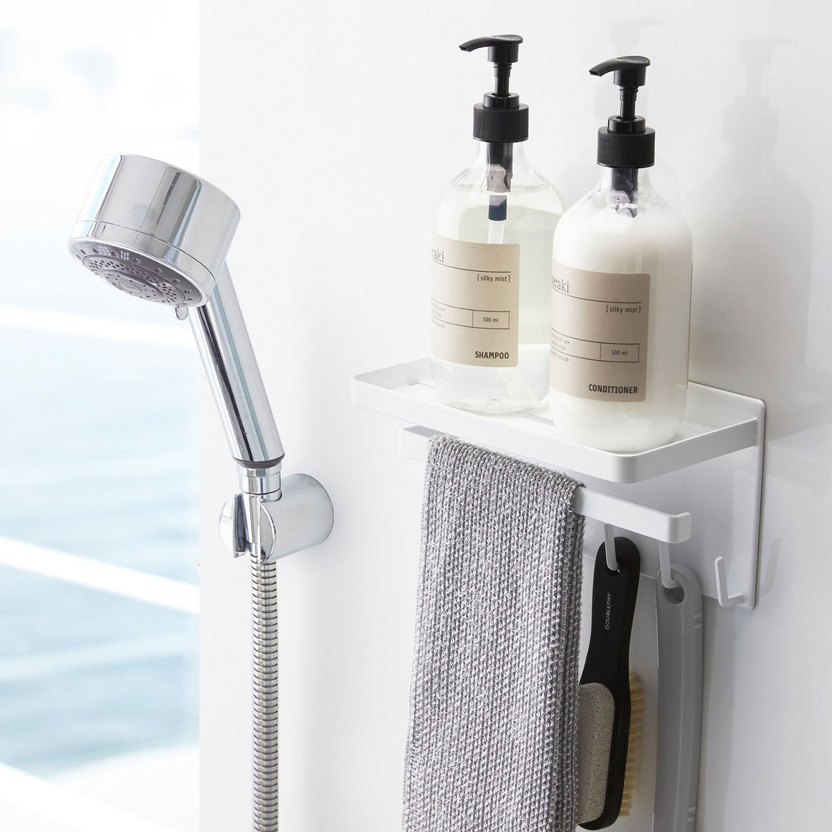 Yamazaki Tower Magnetic Bathroom Multi-Function Rack, Rack That Sticks to a Steel Bathroom Wall by Magnet With a Slitted Tray for Bottles, a Bar for a Body Towel and Hooks for Cleaning Tools, Holds 3.5 kg, 22 x 11 x 12 cm and 780 g, White