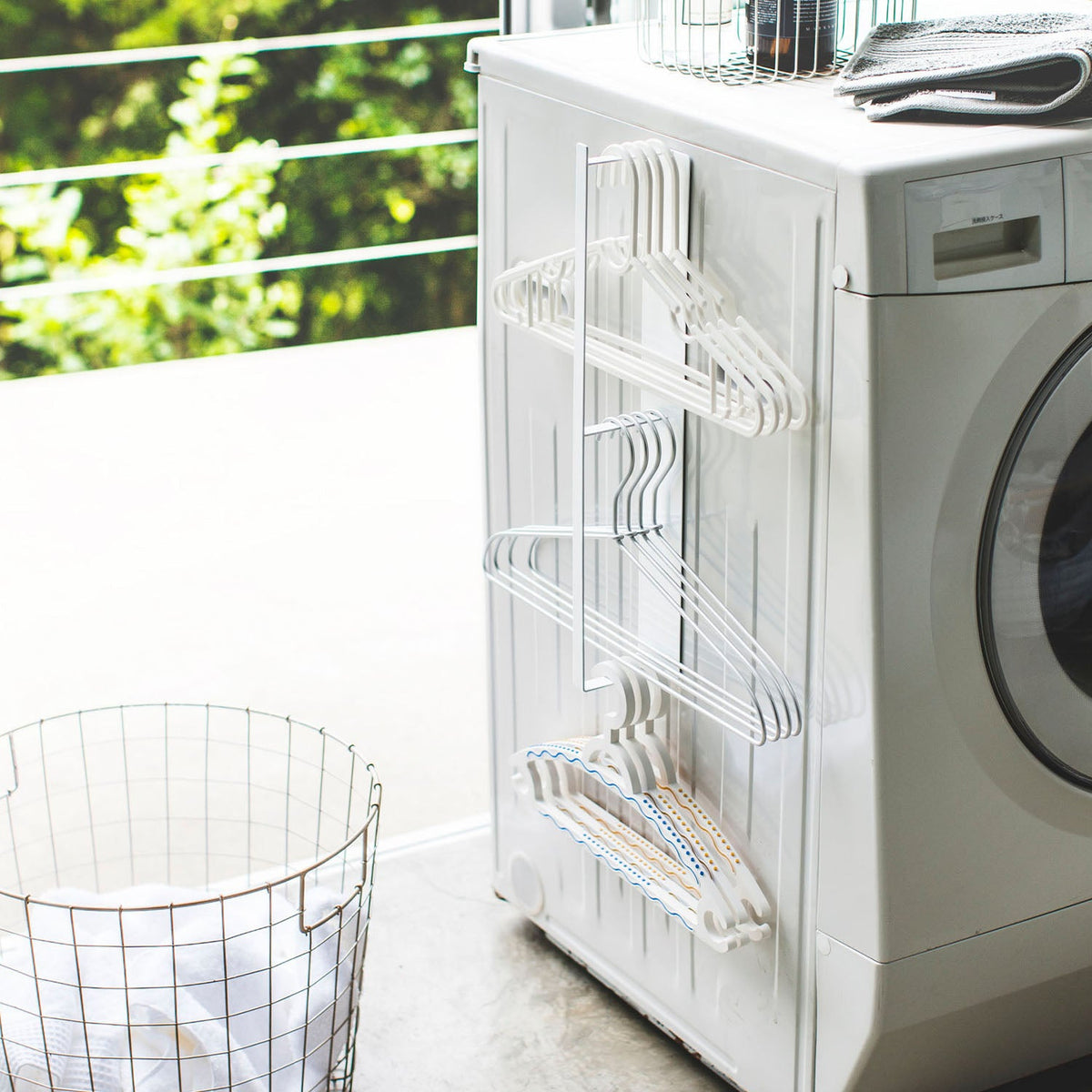 Yamazaki Tower Magnetic Laundry Hanger Storage Rack, Slim Rack That Stores Hangers and Clothes Pegs Beside a Washing Machine by Magnet or Screws and Can Lie Sideways Too, Three Hooks Included, Holds 3 kg, 6 x 8.5 x 46 cm and 520 g, White