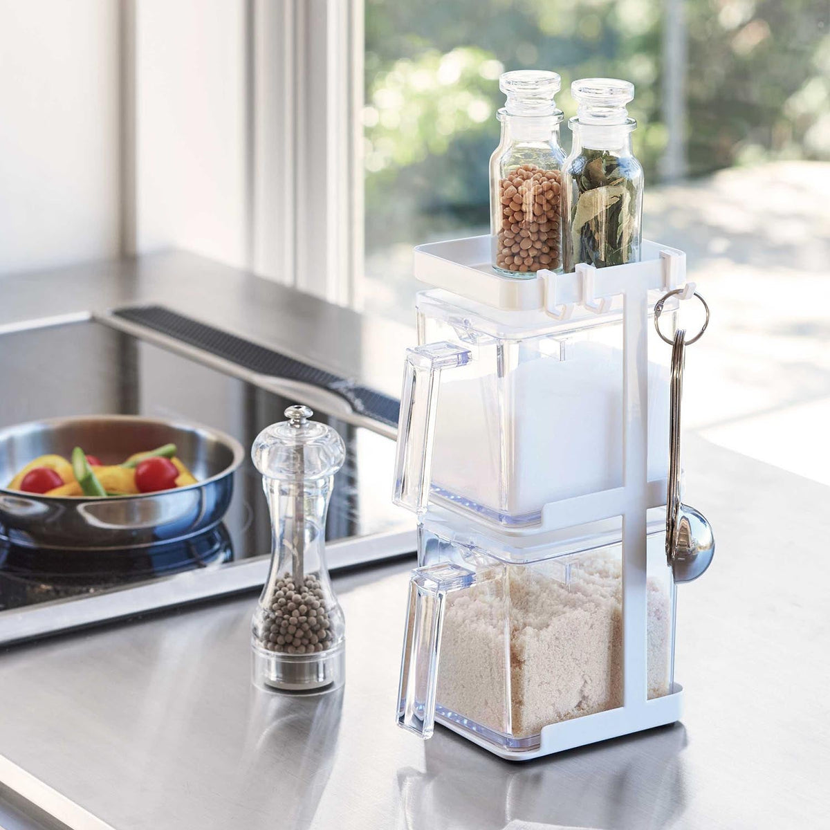 Yamazaki Tower Slim Seasoning Stocker Set of 2 with 3-Tier Rack, Set of Two Seasoning Stockers With a Slim 3-Tier Rack That Fits a Narrow Cooking Space, Hooks for Tools, 650 mL Each, Add More for Three Tiers, 9.5 x 15 x 25 cm and 970 g, White