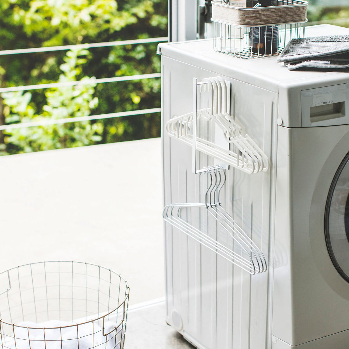 Yamazaki Tower Magnetic Laundry Hanger Rack S, Slim Rack That Sticks to a Washing Machine Side by Magnet or Screws to a Wall and Stores Laundry Hangers, Hooks Hold Clothespins, Fits Sideways Too, Holds 2 kg, 6 x 8.5 x 26 cm and 295 g, White