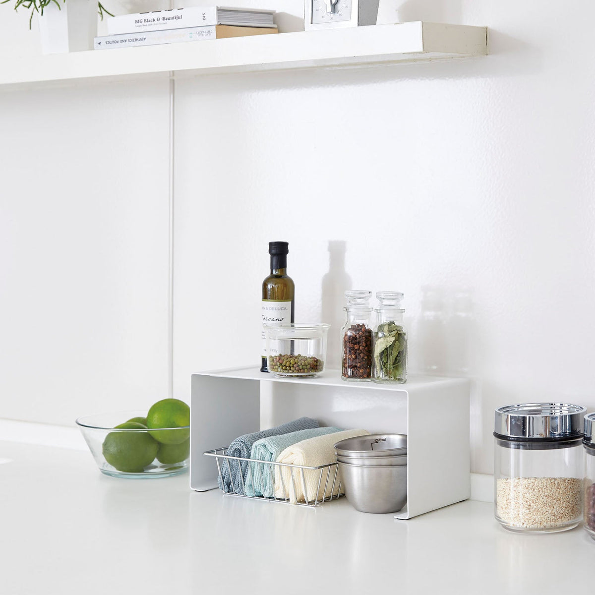 Yamazaki Tower Kitchen Steel U-Shaped Rack, U-Shaped Steel Rack That Gives a Top Tray and Storage Beneath, Stacks Two High or Sits Side by Side for More Room, Holds 3 kg, 30.5 x 14 x 14 cm and 850 g, White or Black