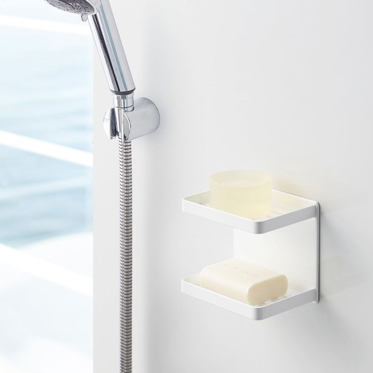 Yamazaki Tower Magnetic Bathroom Soap Tray 2 Tiers, Holder That Sticks to a Steel Bathroom Wall by Magnet and Drains Water So Slime Stays Away, Holds 500 g per shelf, 12 x 8.5 x 10 cm and 420 g, White or Black